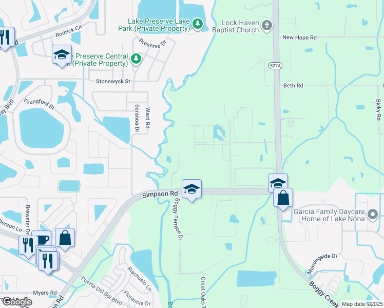 map of restaurants, bars, coffee shops, grocery stores, and more near 5411 Boggy Creek Road in Orlando