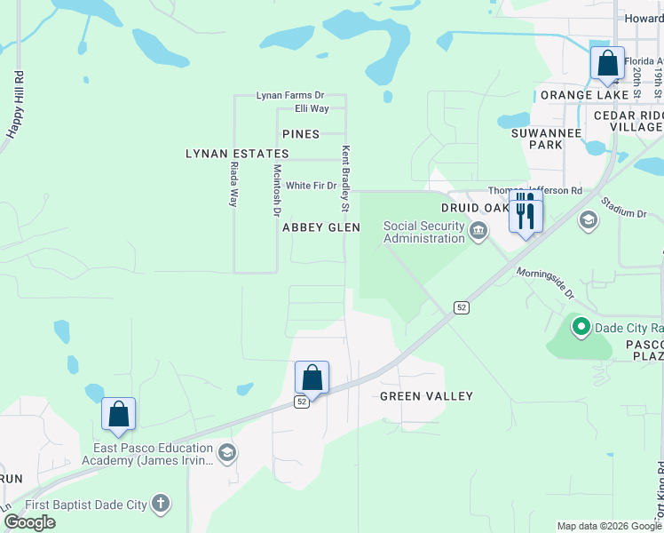 map of restaurants, bars, coffee shops, grocery stores, and more near 13219 Waterford Castle Drive in Dade City