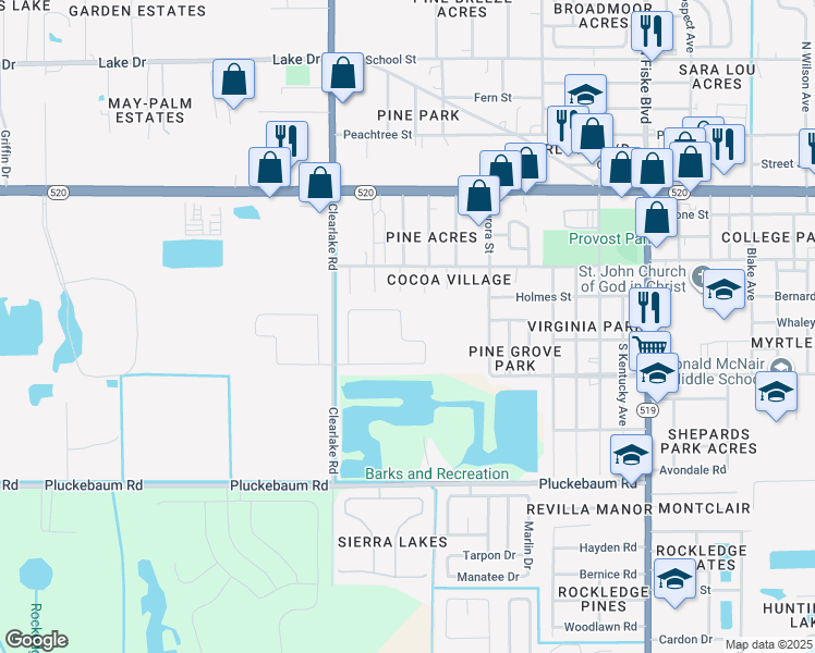 map of restaurants, bars, coffee shops, grocery stores, and more near 580 Sorrento Drive in Cocoa