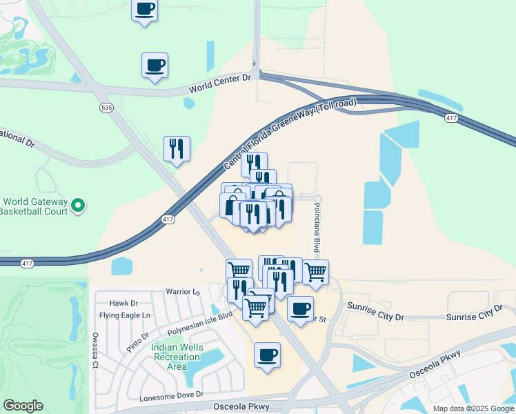map of restaurants, bars, coffee shops, grocery stores, and more near 8112 Poinciana Boulevard in Orlando