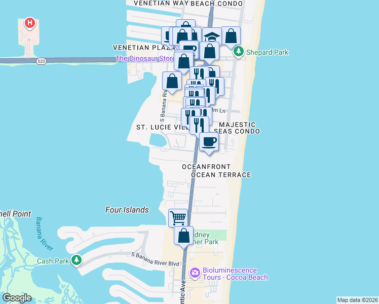 map of restaurants, bars, coffee shops, grocery stores, and more near 105 Escambia Lane in Cocoa Beach