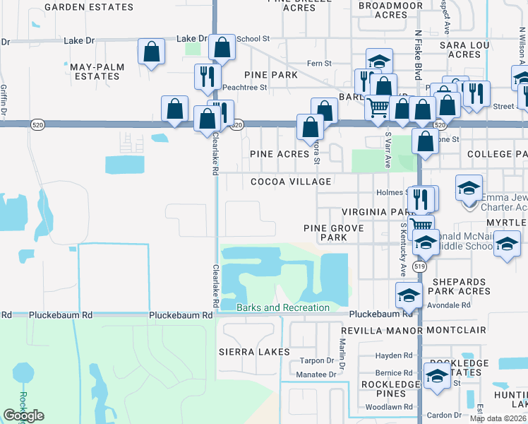 map of restaurants, bars, coffee shops, grocery stores, and more near 580 Sorrento Drive in Cocoa
