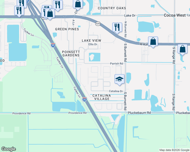 map of restaurants, bars, coffee shops, grocery stores, and more near 3823 Kennedy Circle in Cocoa