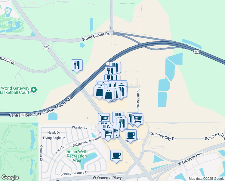 map of restaurants, bars, coffee shops, grocery stores, and more near 8112 Poinciana Boulevard in Orlando