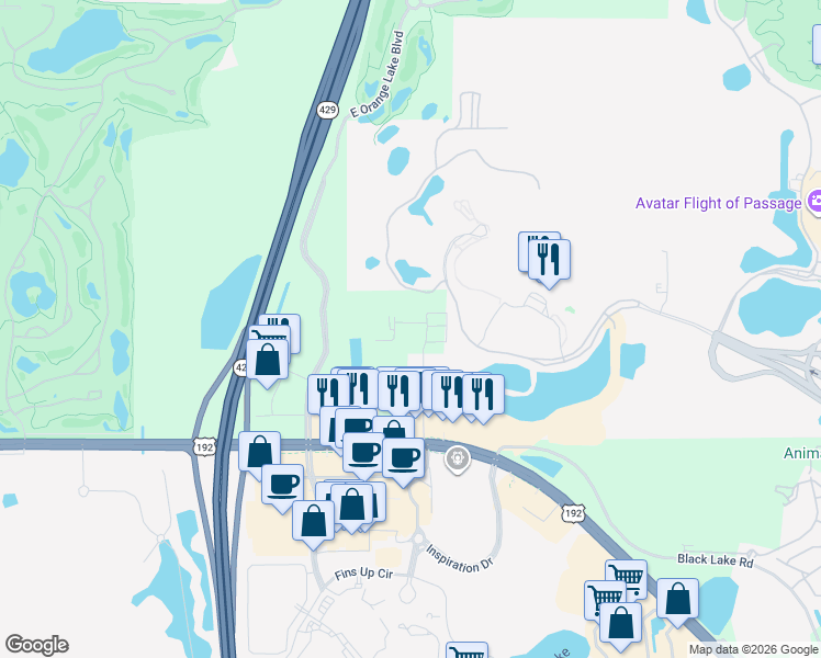 map of restaurants, bars, coffee shops, grocery stores, and more near Osceola Parkway in Kissimmee