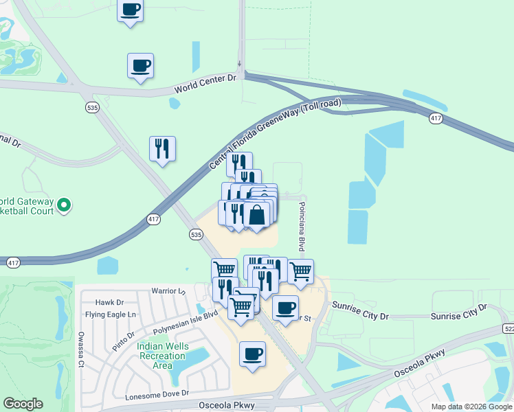map of restaurants, bars, coffee shops, grocery stores, and more near 8000 Poinciana Boulevard in Orlando