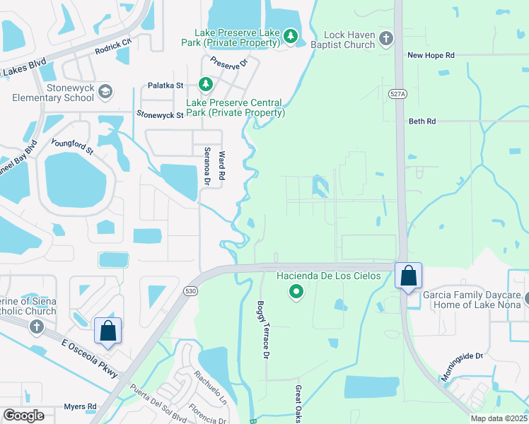 map of restaurants, bars, coffee shops, grocery stores, and more near 5411 Boggy Creek Road in Orlando