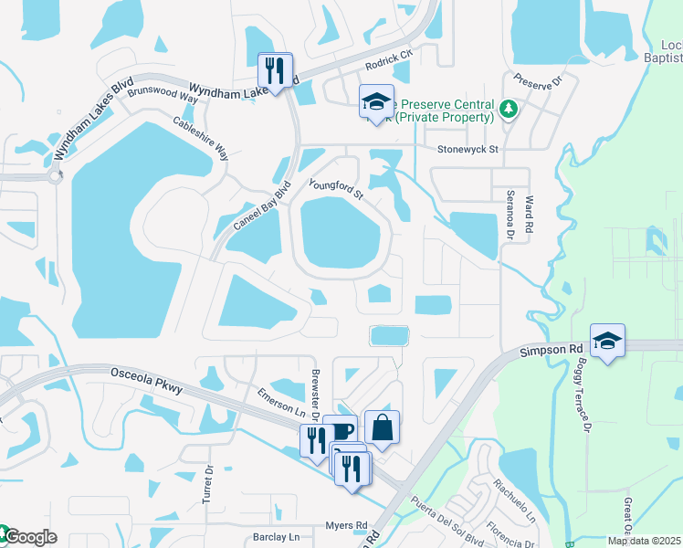 map of restaurants, bars, coffee shops, grocery stores, and more near 2926 Youngford Street in Orlando