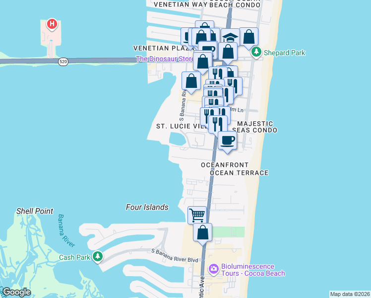 map of restaurants, bars, coffee shops, grocery stores, and more near 190 Escambia Lane in Cocoa Beach