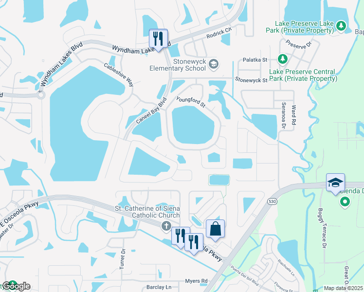 map of restaurants, bars, coffee shops, grocery stores, and more near 2956 Youngford Street in Orlando