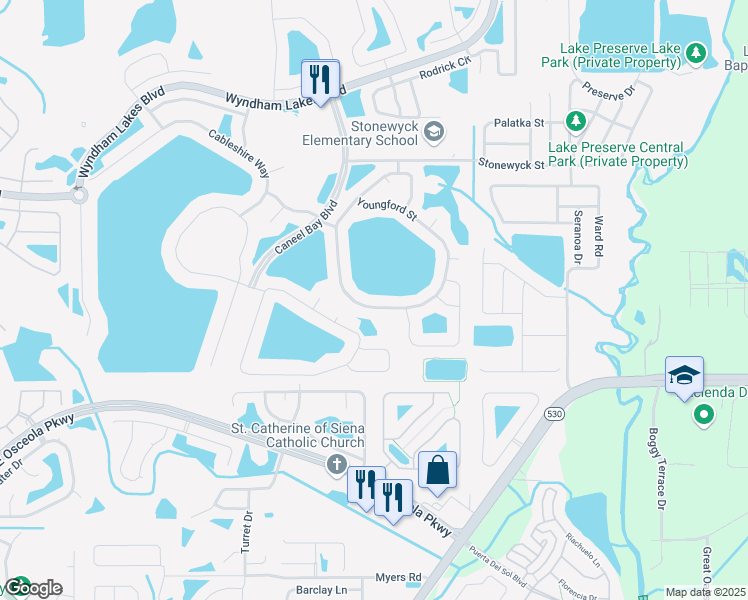 map of restaurants, bars, coffee shops, grocery stores, and more near 2950 Youngford Street in Orlando