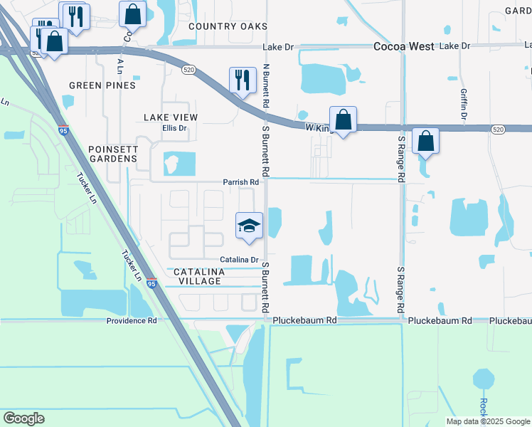 map of restaurants, bars, coffee shops, grocery stores, and more near 366 South Burnett Road in Cocoa