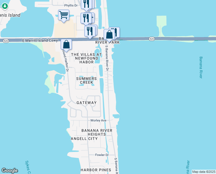 map of restaurants, bars, coffee shops, grocery stores, and more near Avenue G in Merritt Island