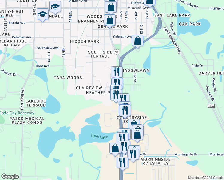 map of restaurants, bars, coffee shops, grocery stores, and more near 13314 Willingham Loop in Dade City