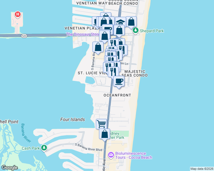 map of restaurants, bars, coffee shops, grocery stores, and more near 105 Escambia Lane in Cocoa Beach