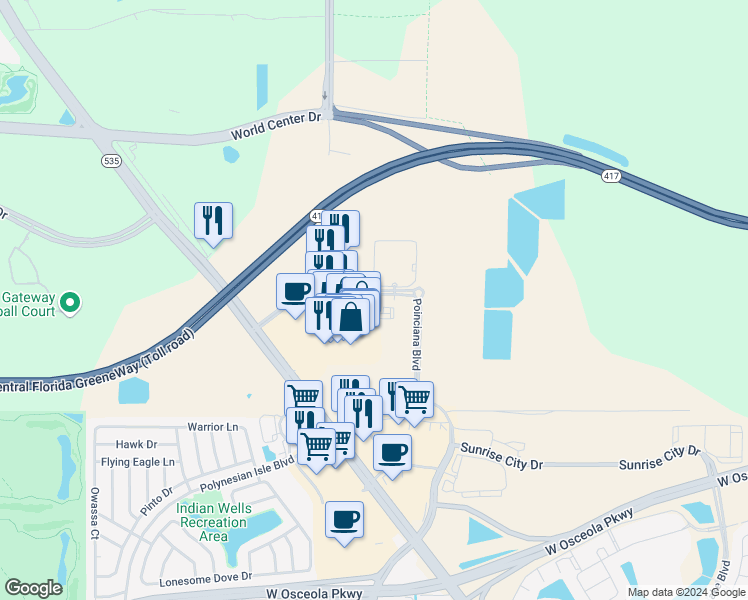 map of restaurants, bars, coffee shops, grocery stores, and more near 8101 Buena Vista Resort Drive in Orlando