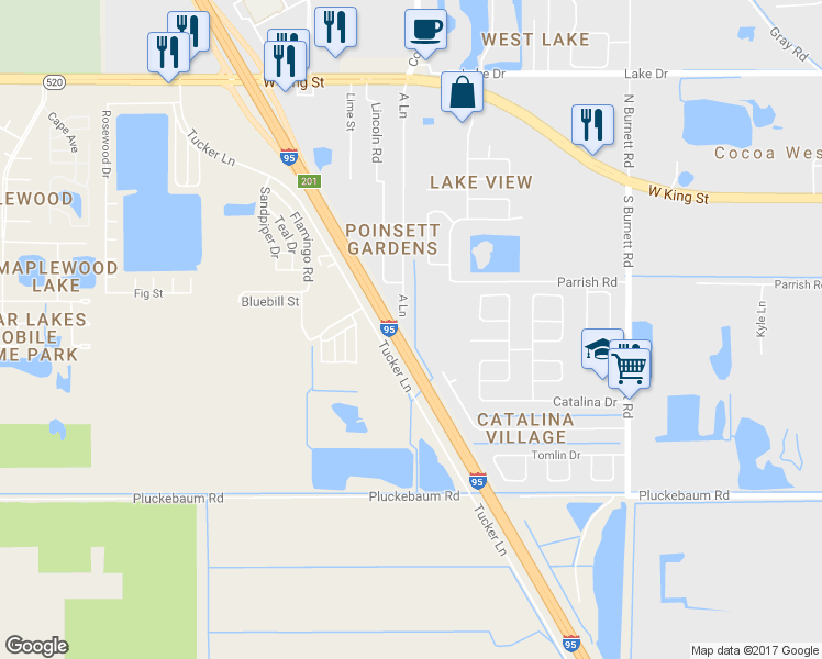 map of restaurants, bars, coffee shops, grocery stores, and more near 538 A Lane in Cocoa