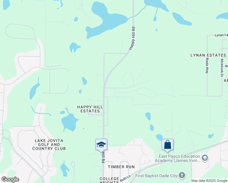 map of restaurants, bars, coffee shops, grocery stores, and more near 13426 Happy Hill Road in Dade City