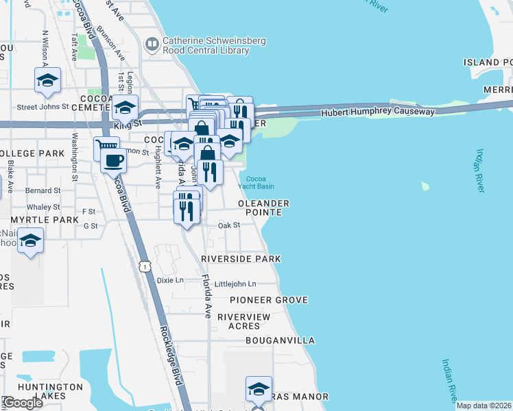 map of restaurants, bars, coffee shops, grocery stores, and more near 100 Riverside Drive in Cocoa