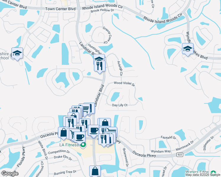 map of restaurants, bars, coffee shops, grocery stores, and more near 14736 Day Lily Court in Orlando