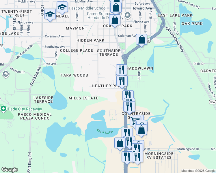 map of restaurants, bars, coffee shops, grocery stores, and more near 37821 Willingham Avenue in Dade City