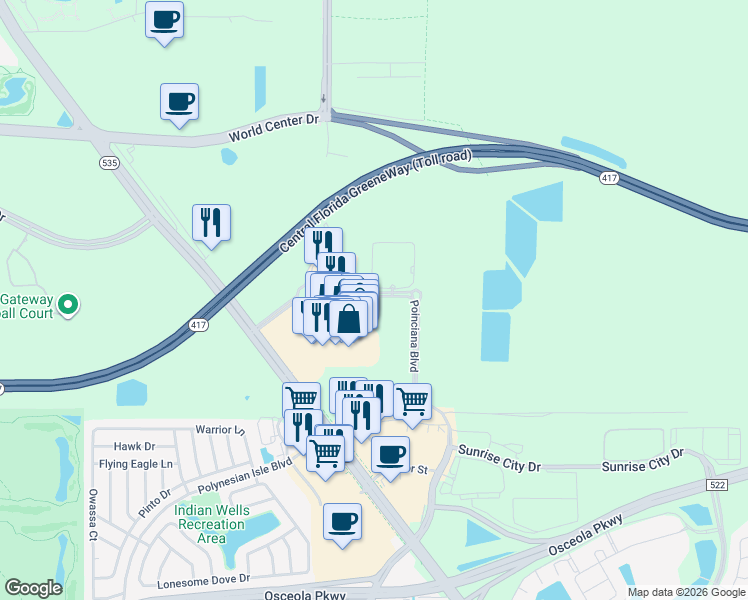 map of restaurants, bars, coffee shops, grocery stores, and more near 8101 Buena Vista Resort Drive in Orlando