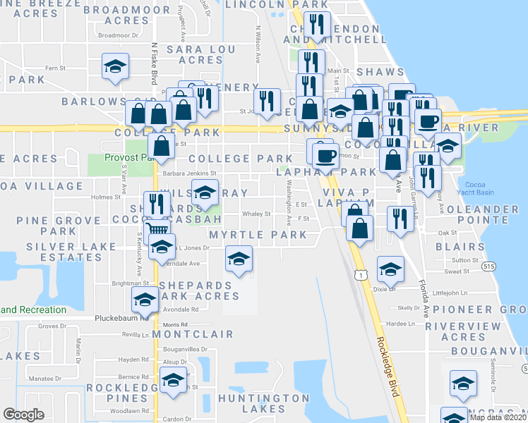map of restaurants, bars, coffee shops, grocery stores, and more near 470 Whaley Street in Cocoa