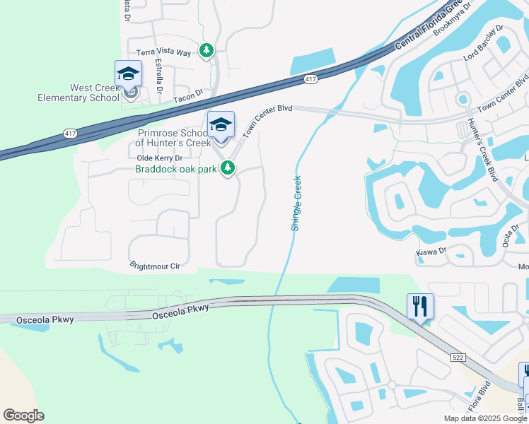 map of restaurants, bars, coffee shops, grocery stores, and more near 14682 Braddock Oak Drive in Orlando
