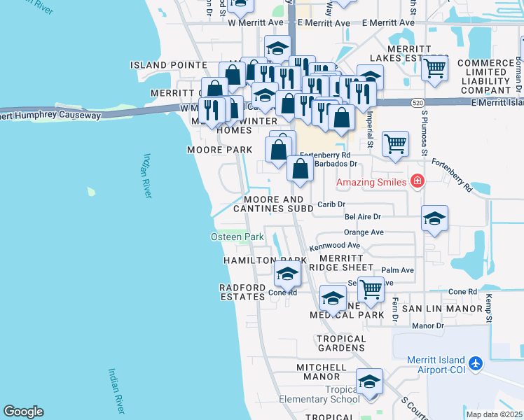 map of restaurants, bars, coffee shops, grocery stores, and more near 330 South Tropical Trail in Merritt Island