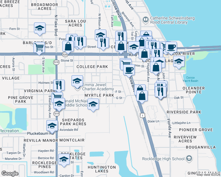 map of restaurants, bars, coffee shops, grocery stores, and more near 609 Washington Avenue in Cocoa