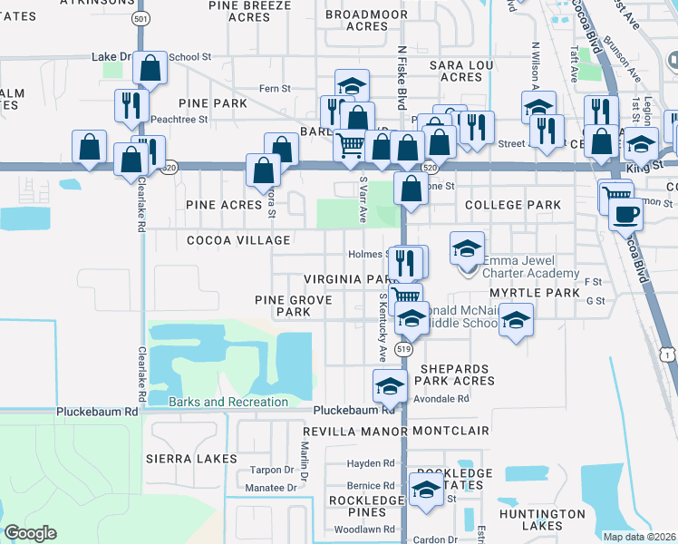 map of restaurants, bars, coffee shops, grocery stores, and more near 614 South Carolina Avenue in Cocoa