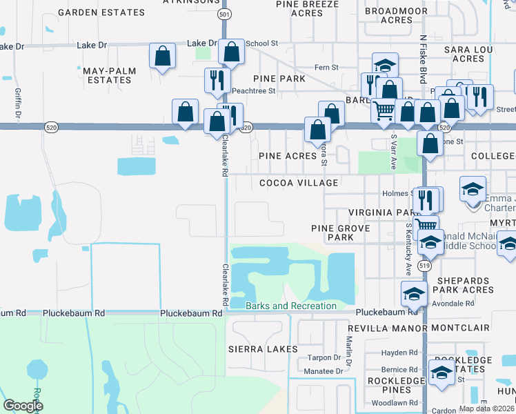 map of restaurants, bars, coffee shops, grocery stores, and more near 580 Sorrento Drive in Cocoa