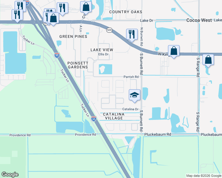 map of restaurants, bars, coffee shops, grocery stores, and more near 250 Johnson Boulevard in Cocoa