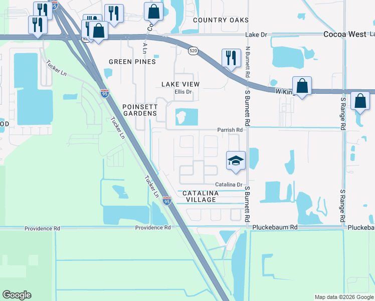 map of restaurants, bars, coffee shops, grocery stores, and more near 3823 Kennedy Circle in Cocoa