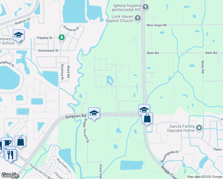 map of restaurants, bars, coffee shops, grocery stores, and more near 14700 Boggy Creek Road in Orlando