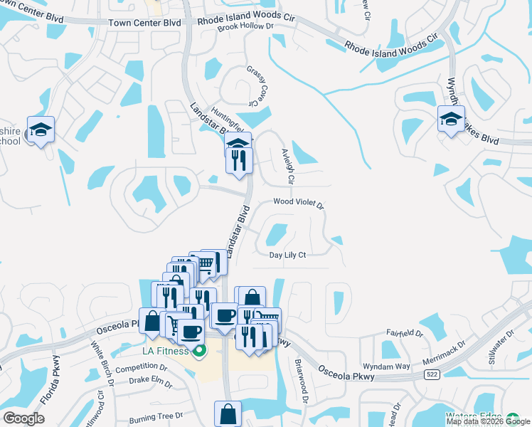 map of restaurants, bars, coffee shops, grocery stores, and more near 14728 Day Lily Court in Orlando