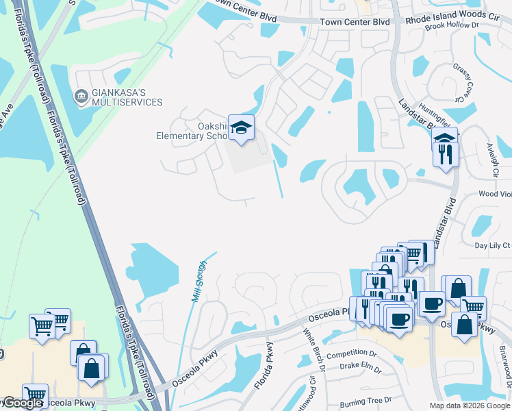 map of restaurants, bars, coffee shops, grocery stores, and more near 14436 Babylon Way in Orlando