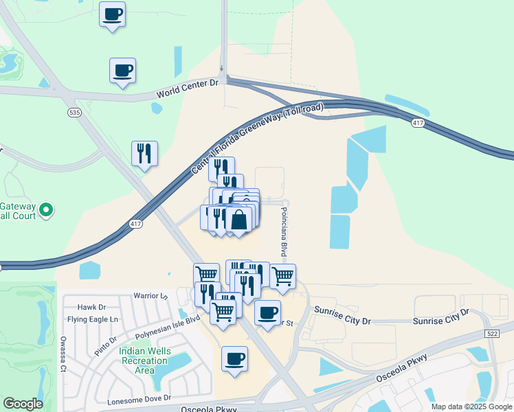 map of restaurants, bars, coffee shops, grocery stores, and more near 8101 Buena Vista Resort Drive in Orlando
