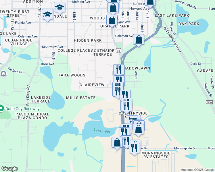 map of restaurants, bars, coffee shops, grocery stores, and more near 13314 Willingham Loop in Dade City