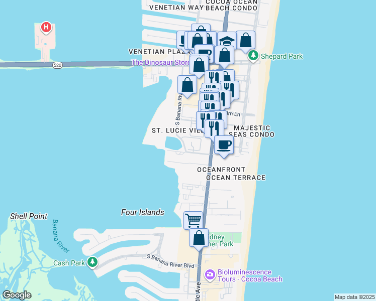 map of restaurants, bars, coffee shops, grocery stores, and more near 3609 South Banana River Boulevard in Cocoa Beach