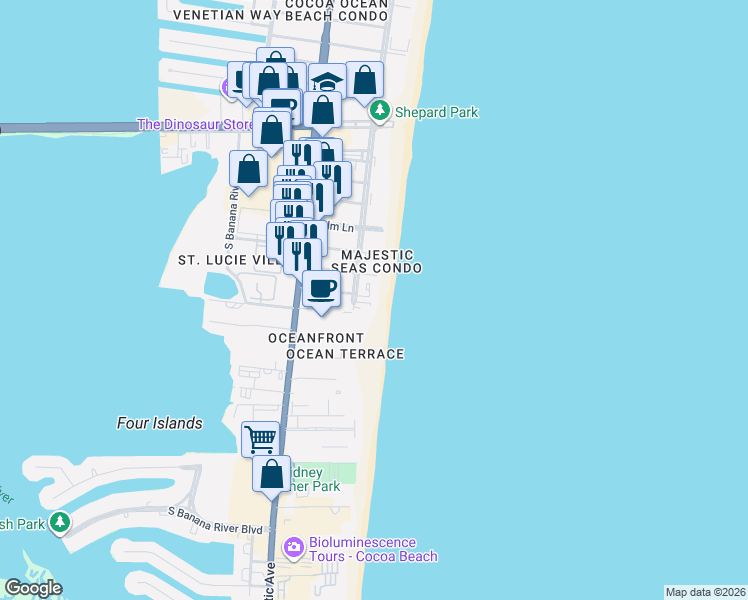 map of restaurants, bars, coffee shops, grocery stores, and more near 3550 Ocean Beach Boulevard in Cocoa Beach