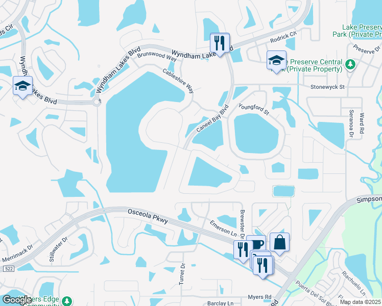map of restaurants, bars, coffee shops, grocery stores, and more near 1568 Thetford Circle in Meadow Woods