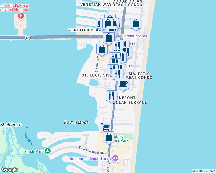 map of restaurants, bars, coffee shops, grocery stores, and more near 155 Escambia Lane in Cocoa Beach