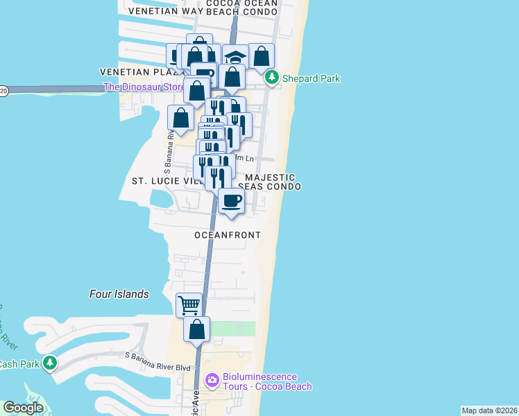 map of restaurants, bars, coffee shops, grocery stores, and more near 3550 Ocean Beach Boulevard in Cocoa Beach