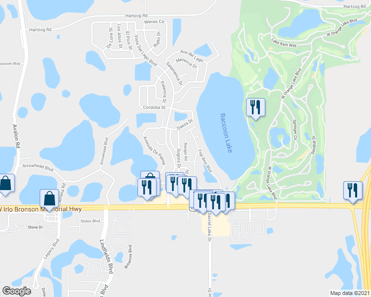 map of restaurants, bars, coffee shops, grocery stores, and more near Ranger Road in Four Corners