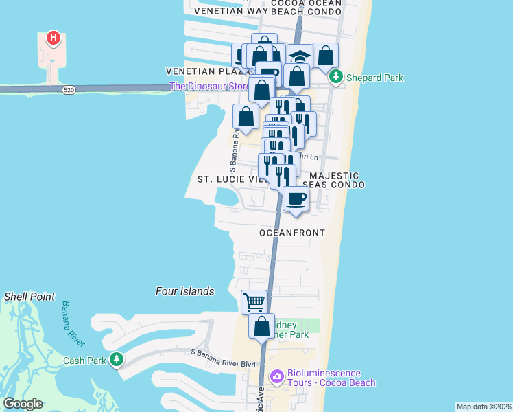 map of restaurants, bars, coffee shops, grocery stores, and more near 165 Escambia Lane in Cocoa Beach