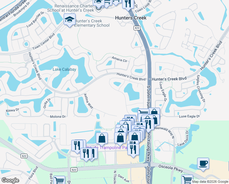 map of restaurants, bars, coffee shops, grocery stores, and more near 3331 Timucua Circle in Orlando