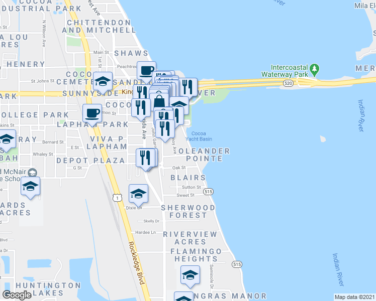 map of restaurants, bars, coffee shops, grocery stores, and more near 55 Riverside Drive in Cocoa