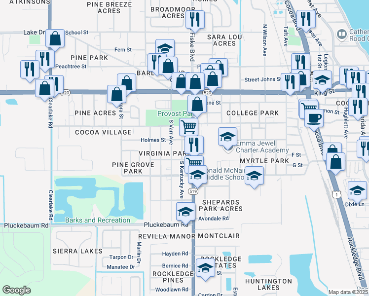 map of restaurants, bars, coffee shops, grocery stores, and more near 611 South Kentucky Avenue in Cocoa