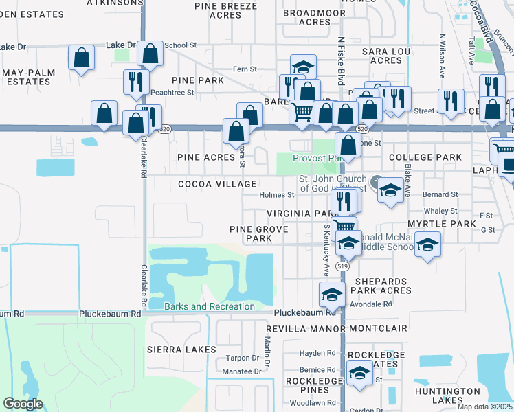 map of restaurants, bars, coffee shops, grocery stores, and more near 1314 Moss Lane in Cocoa